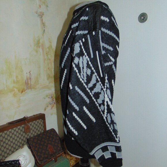 Vintage 80s Wayne Scott Sweater Men's Hand Knit Leather Black White Retro Large - Picture 4 of 10